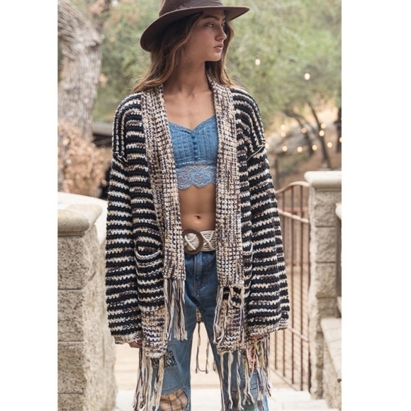Bohemian Neutral Chunky Knit Festival Hippie Vibes Fringe Cardigan By POL Sz M - Picture 1 of 16